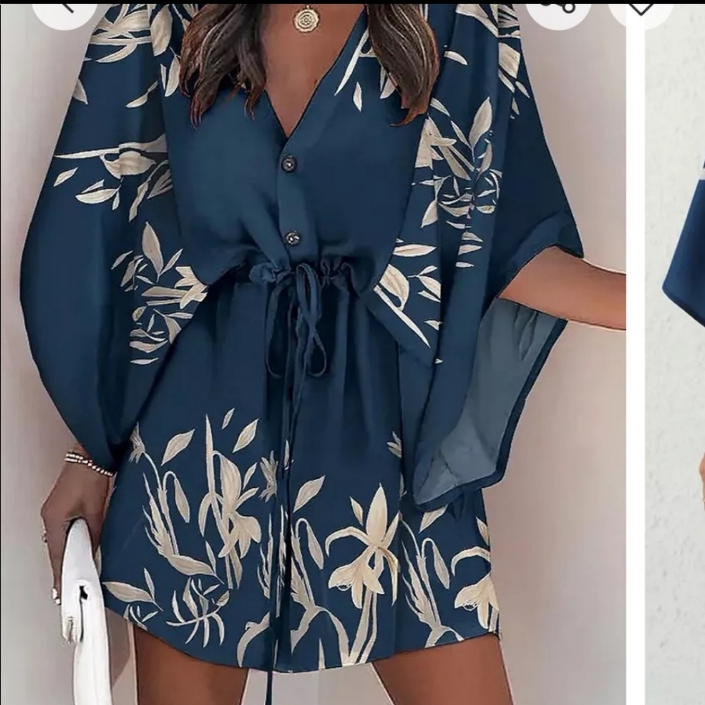 Cupshe Floral Navy/Tan button dress with waist drawstring - Size L